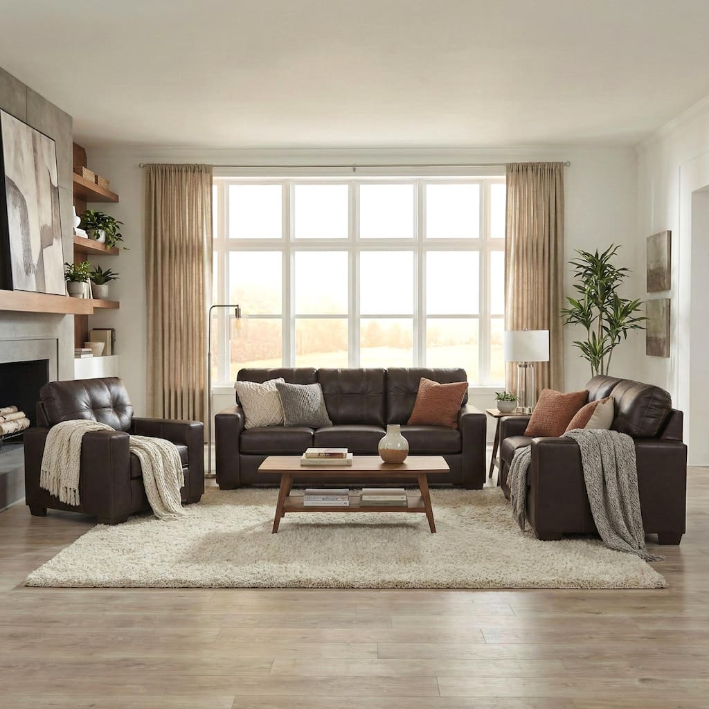 Roundhill Furniture Holmes Leather 3-Piece Living Room Set, Sofa Loveseat and Lounge Chair