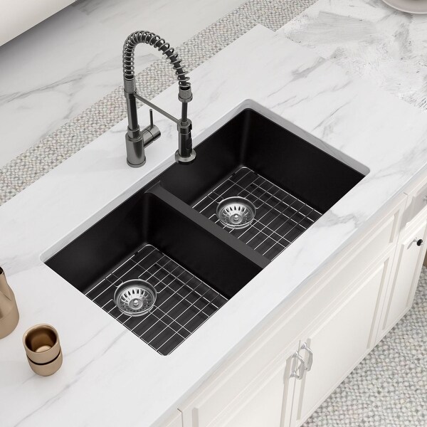 33 in. Low Divide Undermount Double Bowl Granite Composite Quartz