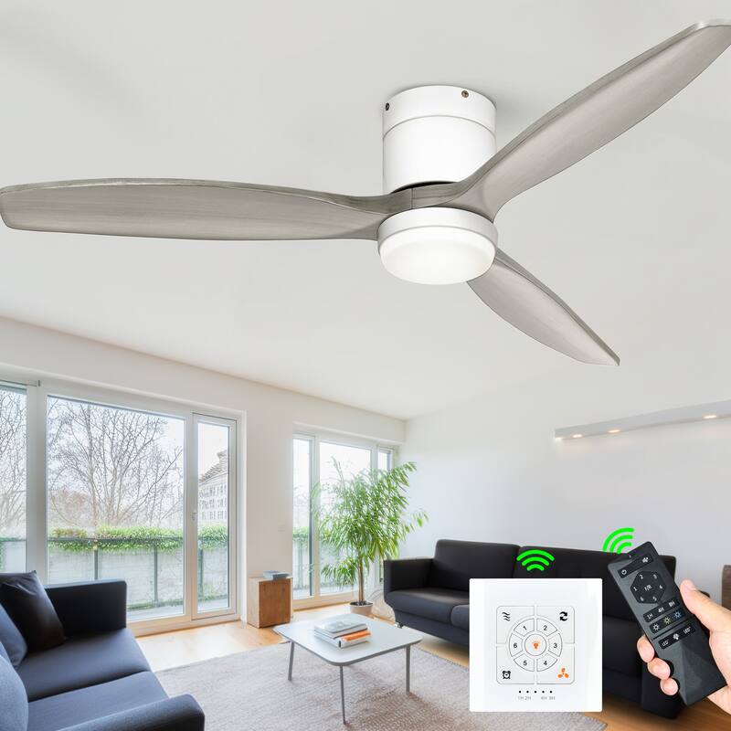 52 Inch Low Profile Ceiling Fan with Lights Remote and Wall Control - Grey Blades