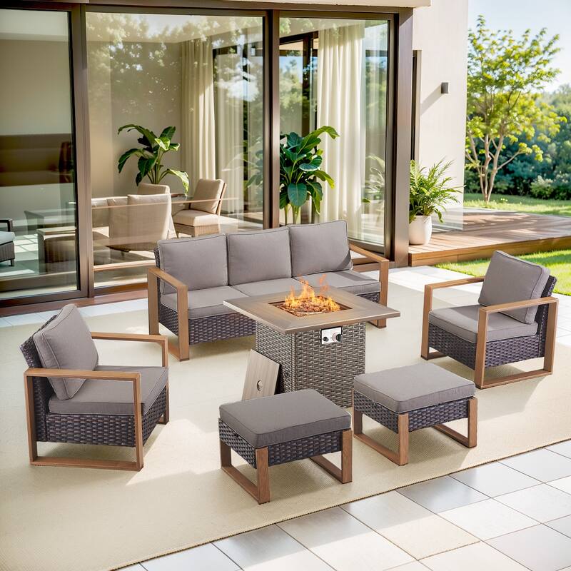 Pocassy 4/6/8PCS Sofa Swivel Chair with Fire Pit Table Set - Brown Wicker Gray Cushion - 6-Piece Sofa Patio Chair Ottoman with Fire Table