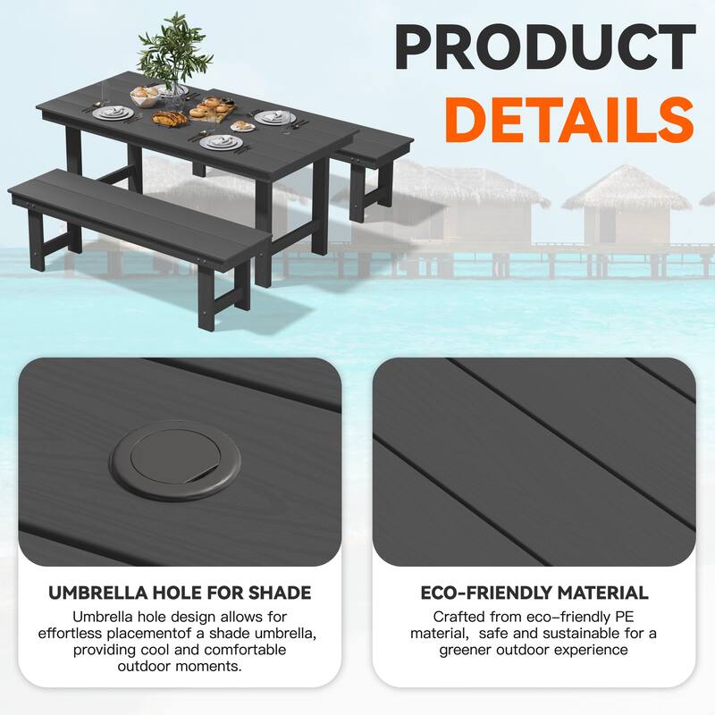 3-Piece HDPE Outdoor Dining Set with Umbrella Hole Table and Two 2-Person Benches