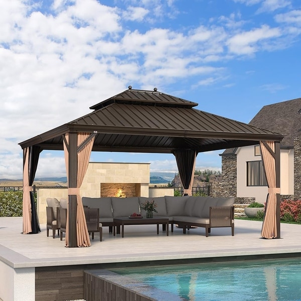 PURPLE LEAF Aluminum Teak-finish Outdoor Hardtop Gazebo - Bed Bath