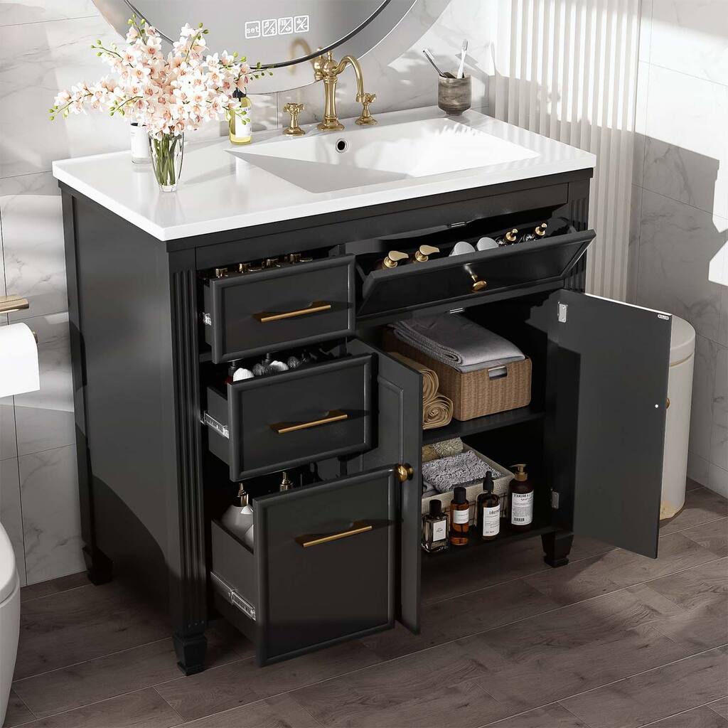 Bathroom Vanity Cabinet with Sink,with One Tip-out Drawer,3 Side Drawers,Adjustable Shelf
