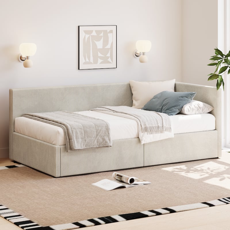 Vertical Striped Corduroy Upholstered Frame Daybed with 2 Storage Drawers, Twin Size Corner Sofa Bed Frame, L Shape Captain Bed - Beige - Twin