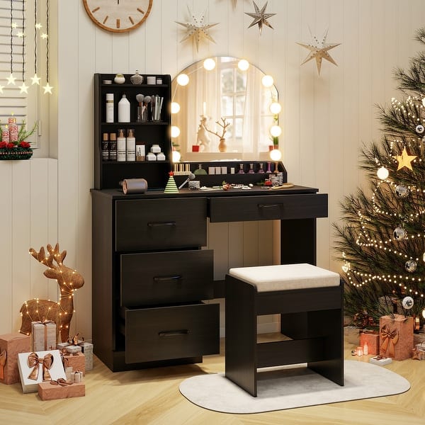 black dressing table and mirror Makeup Vanity Desk Stool Set with and Lights - 39.5