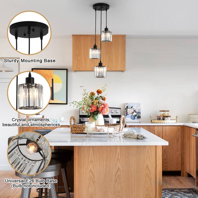 3-Light Modern Metal Hanging Pendant Light Ceiling Light Chandelier with Crystal Cover for Kitchen Island