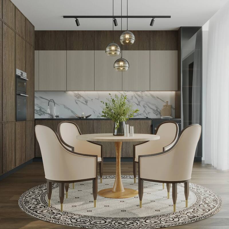 Bristol 31" Round Dining Table with Sintered Stone Top and Natural Wood Steel Pedestal Base for Modern Kitchen and Dining Room