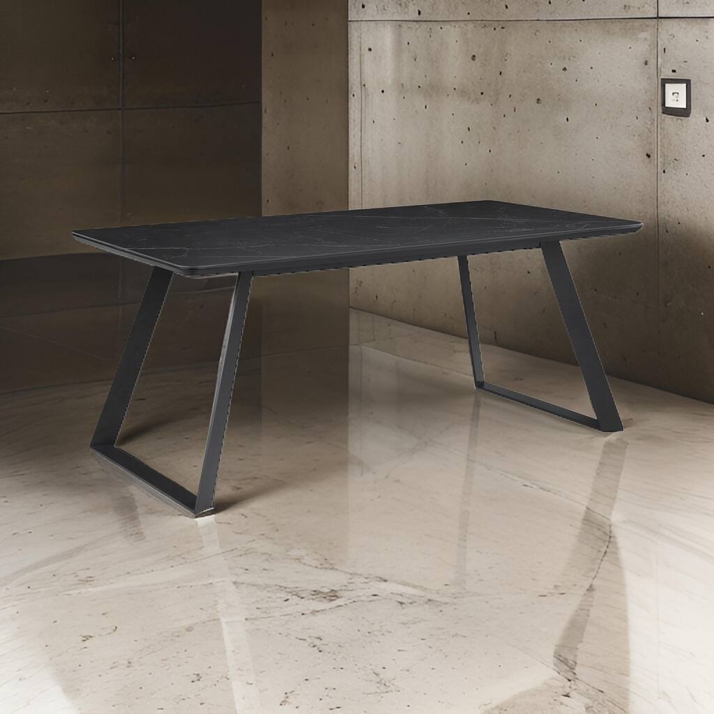 71 Inch Dining Table, Rectangular Tabletop, Sled Style Base, Gray Metal