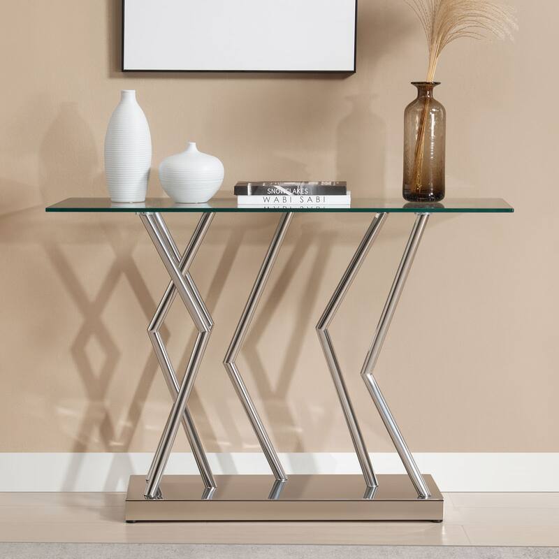 Tempered Glass Top Console Table, Entryway Sofa Table with Metal Base - 43.3"L x 15.8"W x 29.9"H
