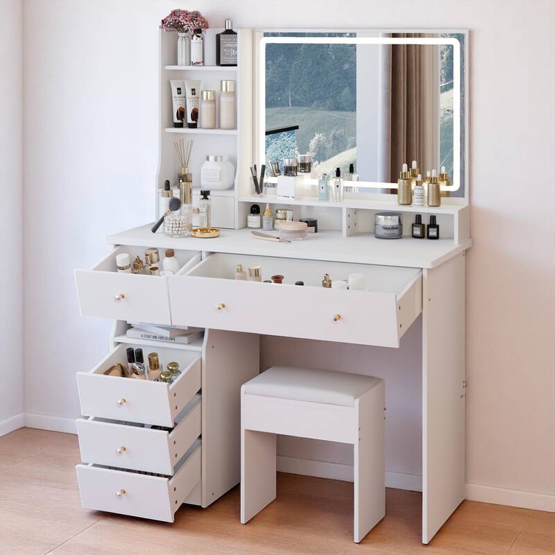 Modern Makeup Vanity Table with 27"x20" Lighted Mirror, 41" Wide Desktop, Left Drawer and Stool, Ideal for Large Rooms