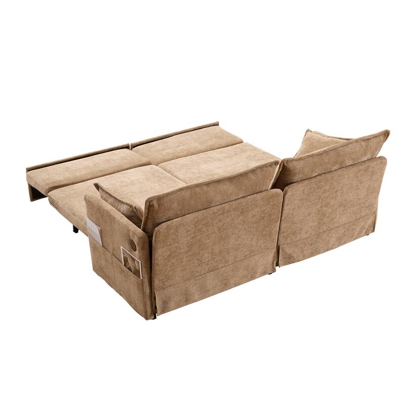 73.6" Corduroy 3-in-1 Convertible Sofa Bed with Pull-Out Sleeper, USB Charging Ports, and Side Storage