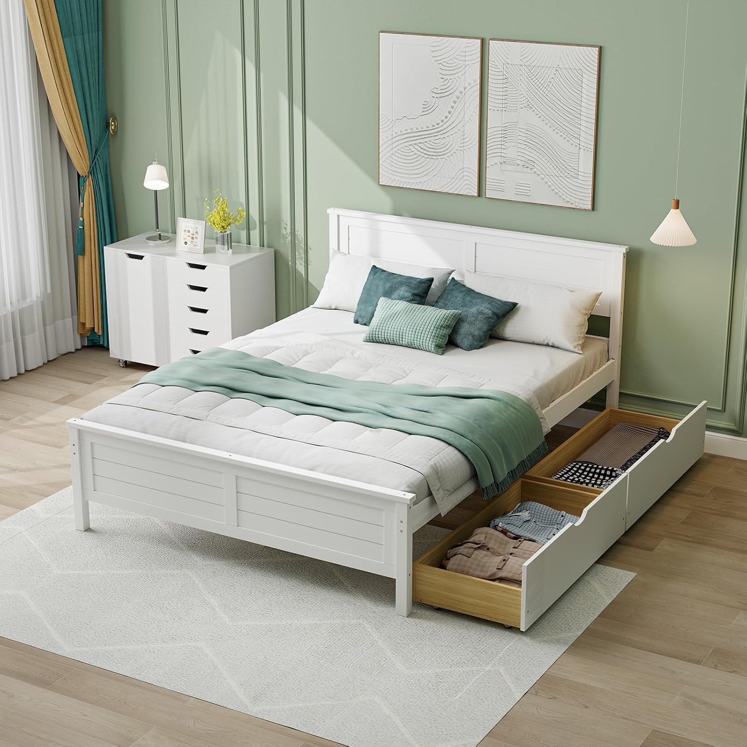 Full Size Wood Bed Frame with Storage Drawers, Solid Wood Platform Bed with Headboard, Mattress Foundation, White