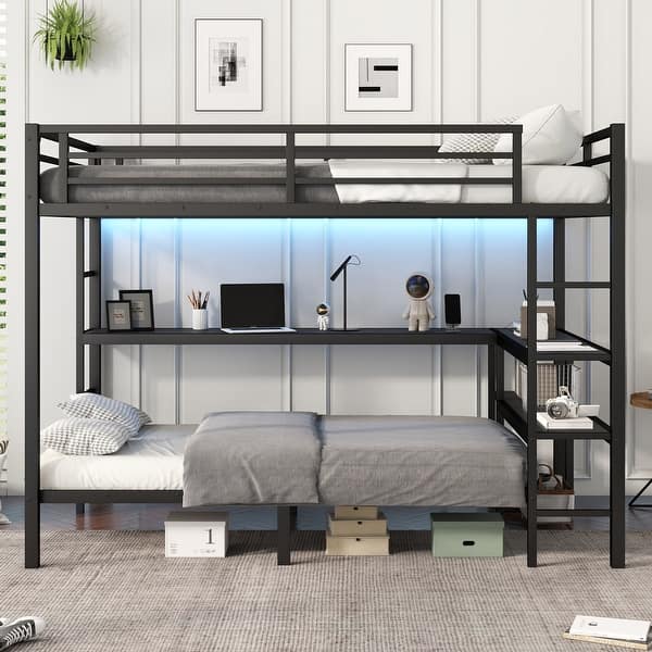 slide 2 of 12, Black Full XL Over Twin Bunk Bed with Desk LED USB Storage Shelves for Work and Study Black - Full