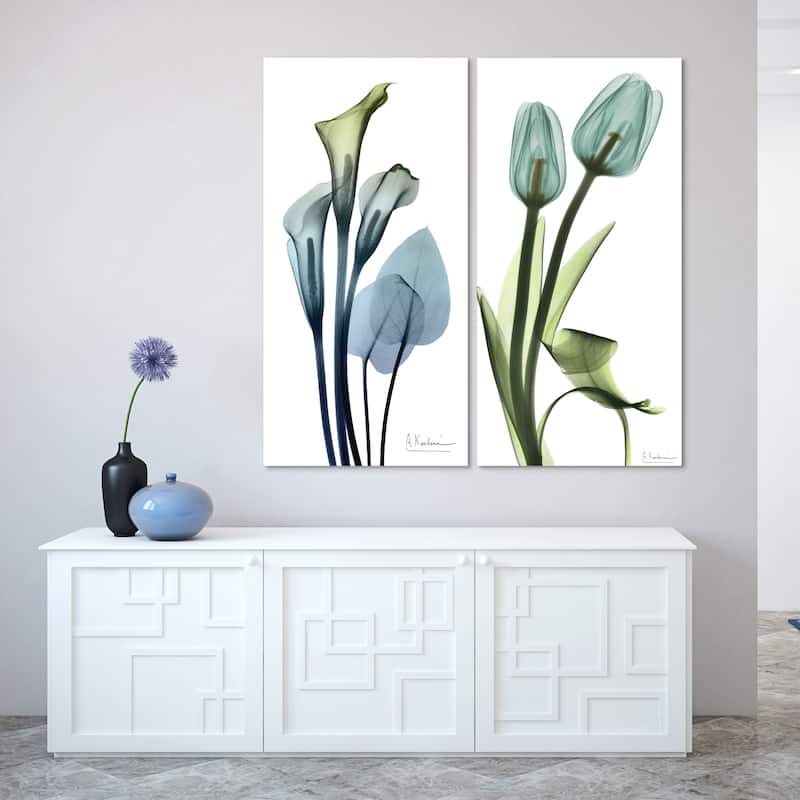 Calla Lily and Blue Tulips Frameless Free Floating Tempered Glass Panel Graphic Wall Art Set of 2