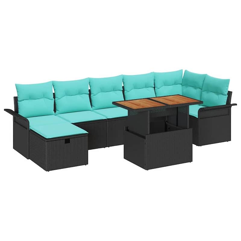 vidaXL 8 Garden Sofa Set with Cushions Black/Grey Poly Rattan - 117.1 x 52.2 x 27.2