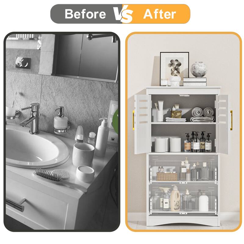 Bathroom Floor Storage Cabinet, Freestanding Bathroom Cabinet with 2 Drawers 2 Doors, Storage Cabinet with Gold handle