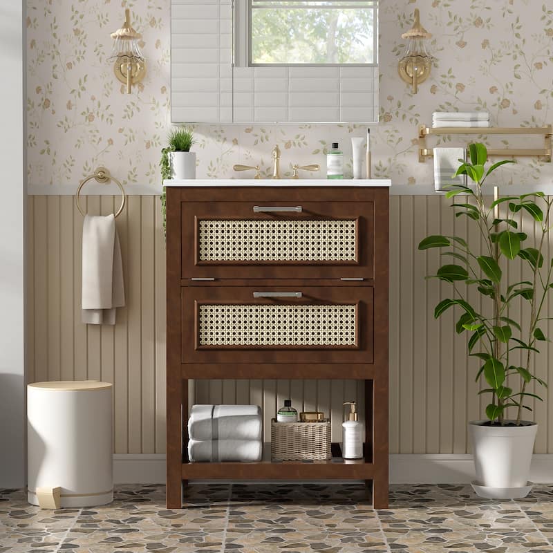 24"Bathroom Vanity with Integrated Ceramic Sink,Bathroom Cabinet with 1 Deep Drawer,1 Tip-Out Drawer,Single Sink Bathroom Vanity - Dark Brown