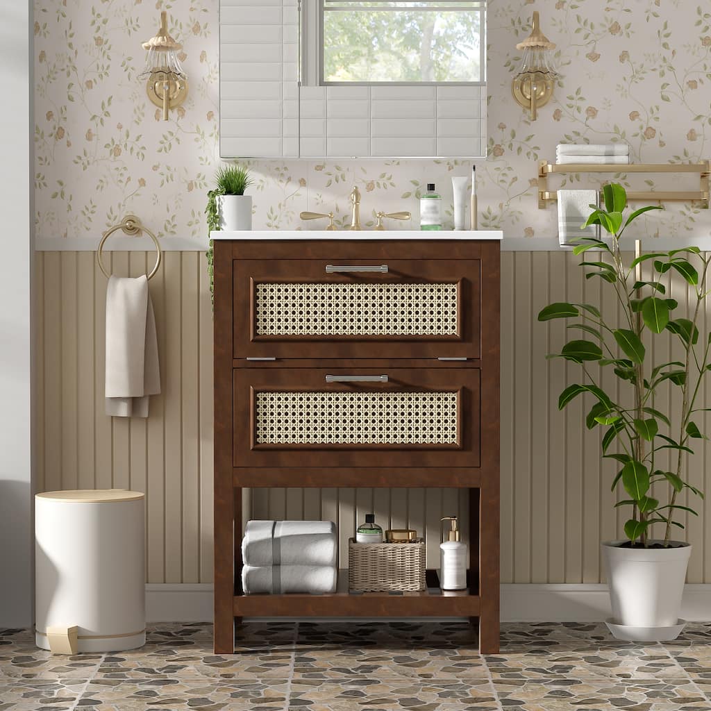 24"Bathroom Vanity with Integrated Ceramic Sink,Bathroom Cabinet with 1 Deep Drawer,1 Tip-Out Drawer,Single Sink Bathroom Vanity