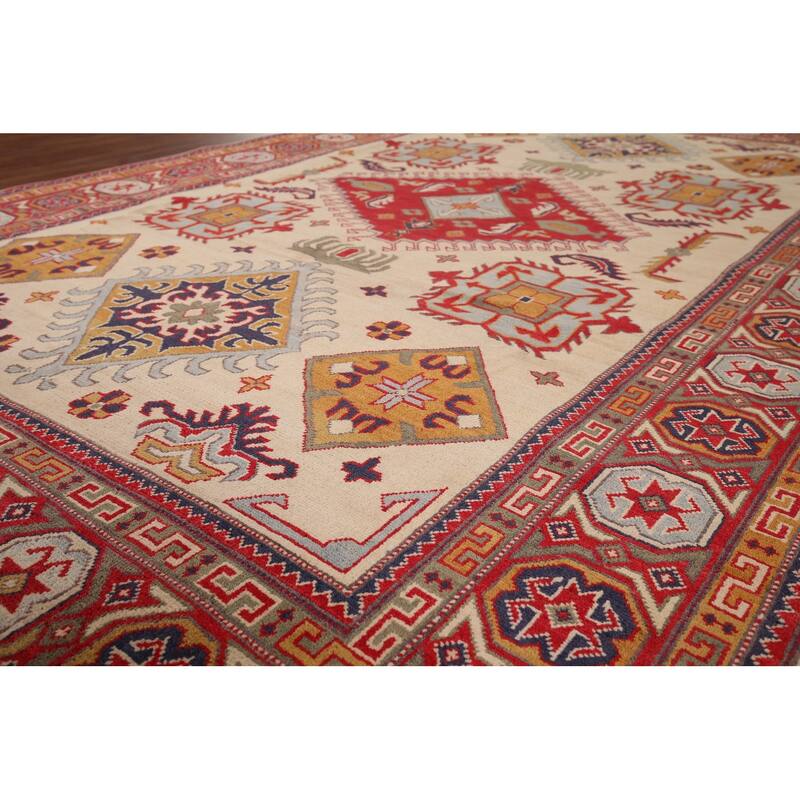 Hand Knotted Oriental 100% Wool Carpet Traditional Geometric Yellow & Gold Kazak Area Rug - 9' 8'' X 6' 5''