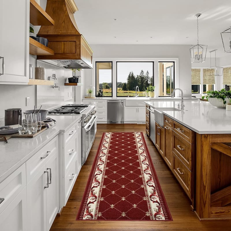 Custom Size French Trellis Design Brown,Red,Blue Color Non-Slip Rubber Backing- 31 Inch WidexYour Choice of Length Runner Rug - 12 Feet - Red