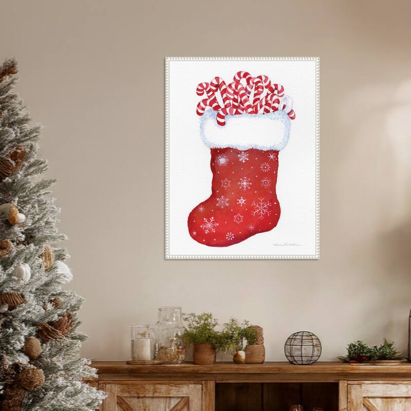 Candy Cane Stocking by Kathleen Parr McKenna (23 x 30 in.), Framed Canvas Wall Art Print - Sylvie Beaded White