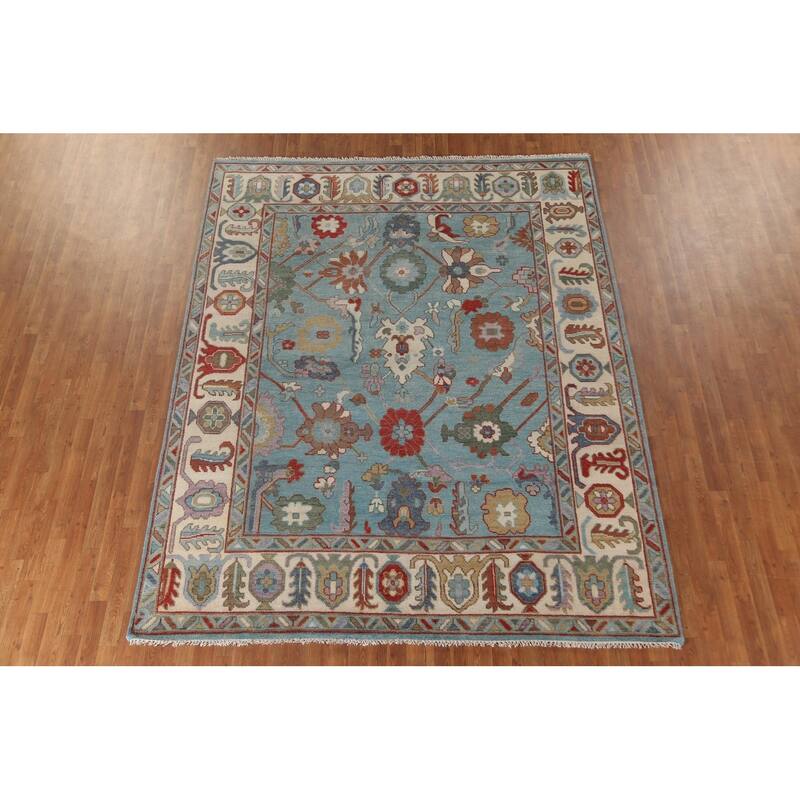 Light Blue Oushak Area Rug Hand-Knotted Oriental Wool Carpet - 7'11"x 9'11"