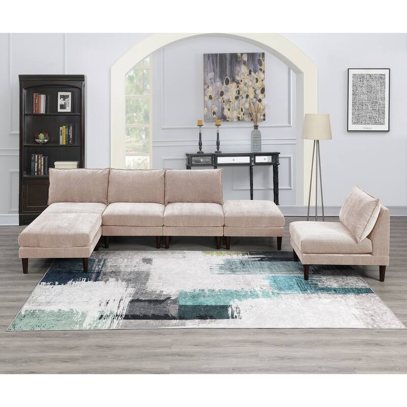 6pcs Modular Set: 4 Armless Chairs, 2 Ottomans, Pink Fabric Couch, 114x60x31 inches, 200 pounds