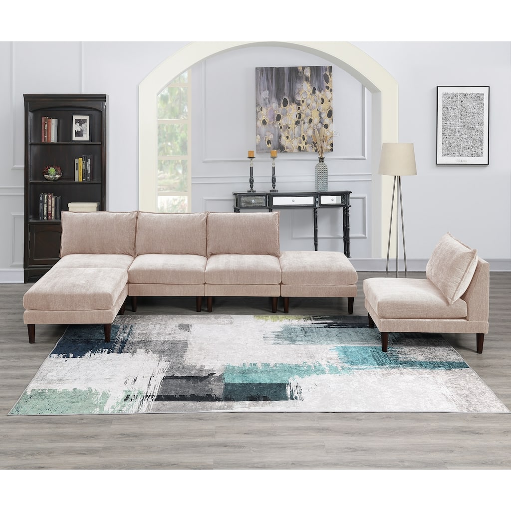 6pcs Modular Set: 4 Armless Chairs, 2 Ottomans, Pink Fabric Couch, 114x60x31 inches, 200 pounds