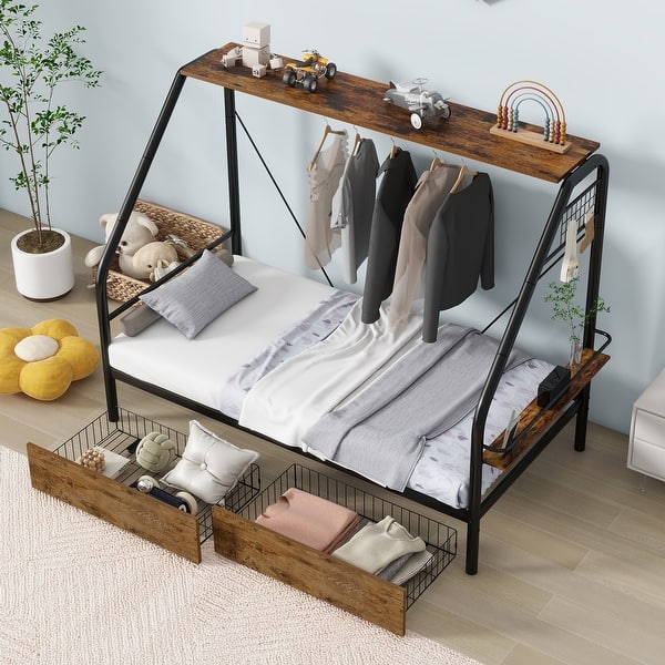 slide 2 of 5, Twin Size Platform Bed with 2 Drawers and Open Shelves, Metal Frame Bed with Clothes Rack and Metal Slats Black - Twin