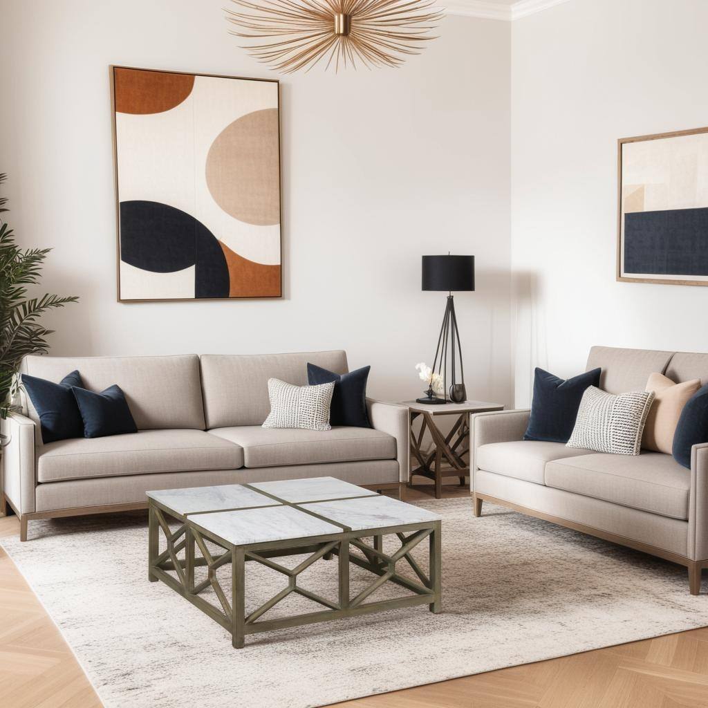 Agas Coffee Table, 40 Inch Square White Genuine Marble Top, Sandblasted Washed Ash Gray Mango Wood Geometric Frame