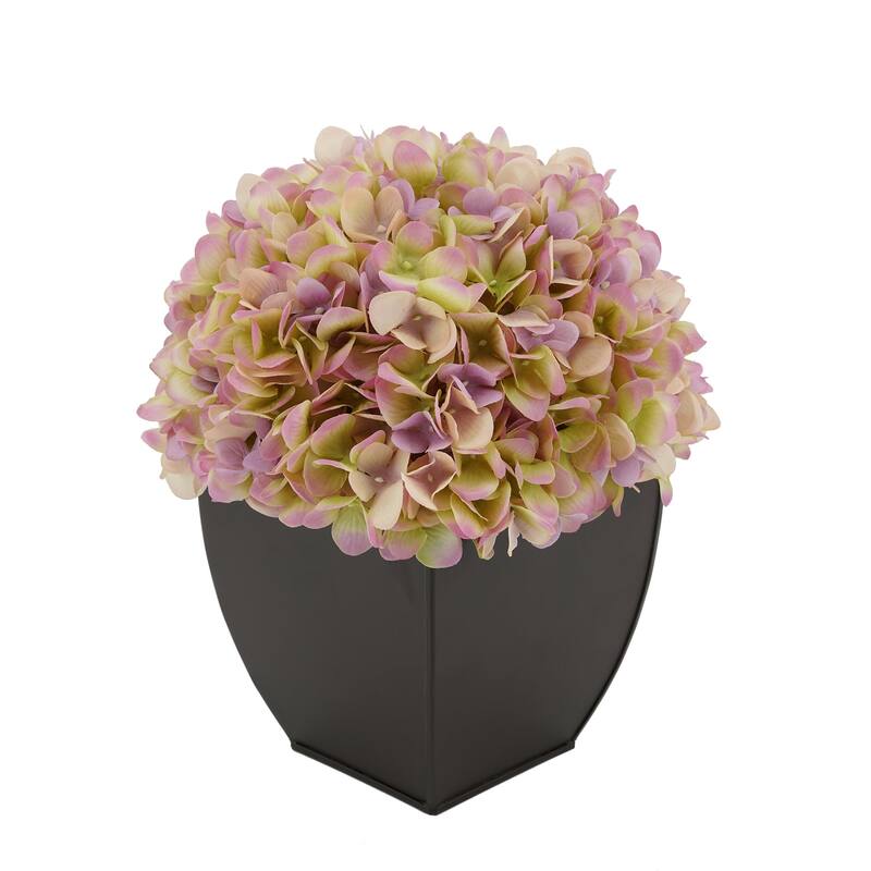 Faux Hydrangea in Matte Brown Tapered Zinc Cube - Lilac