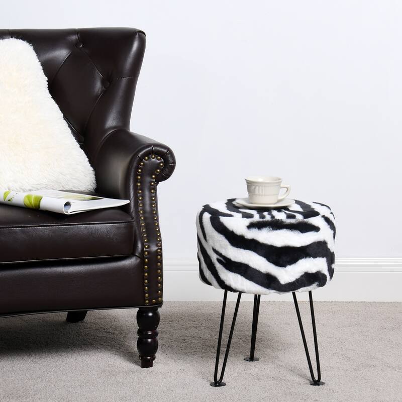 Home Soft Things Animal Pattern Ottoman Bench with Black Metal Legs - 13"x13"x17" - Black/White Zebra