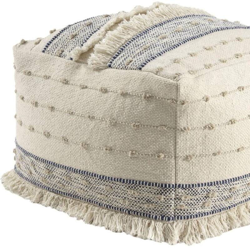 HomeRoots 18" Ivory and Navy Blue Cotton And Wool Striped Pouf Ottoman