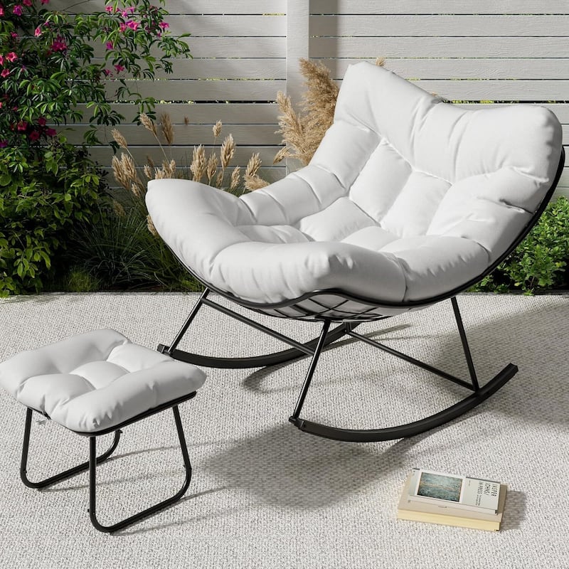 Outdoor Rocking Chair, Oversized Patio Wicker Egg Chair for Balcony Garden with Ottoman - N/A