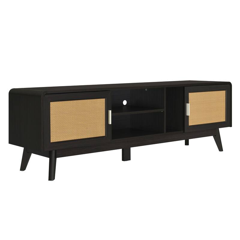 Anmytek Rattan TV Stand for TVs up to 70 Inches Modern Boho Entertainment Center Woven Rattan Dark Finish