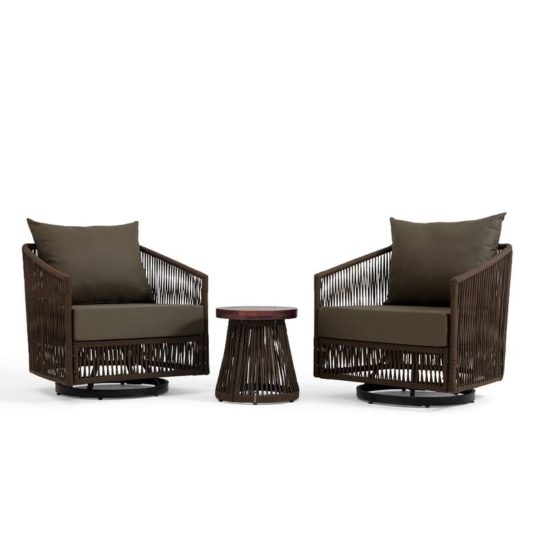 3 Piece Patio Woven Rope Swivel Chair Seating Group with Cushions