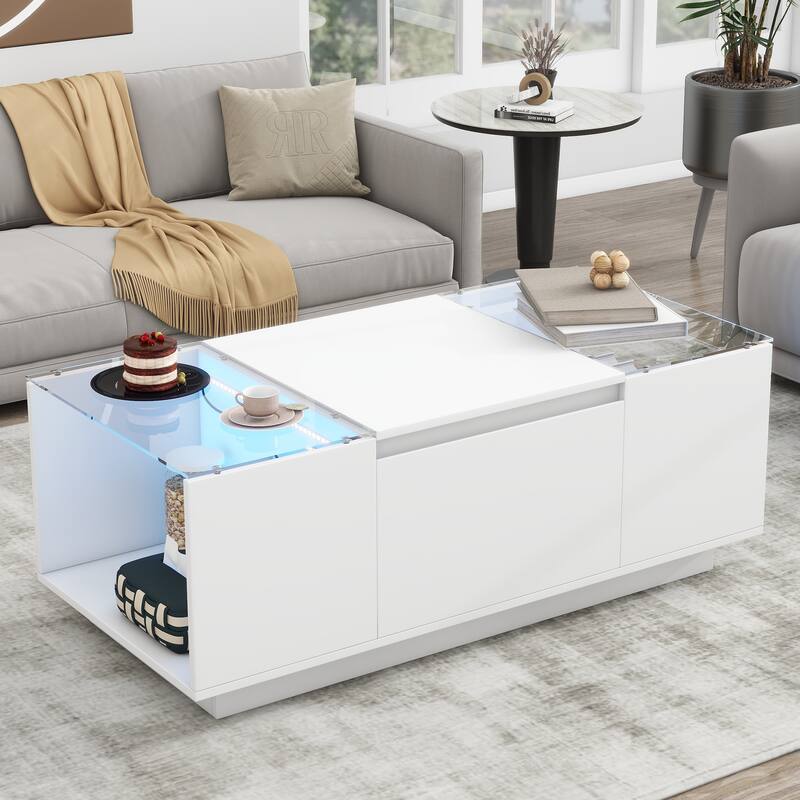 LED Coffee Table with 2 Drawers, Rectangle High Gloss Center Table, Modern Glass Tabletop Storage Table for Living Room