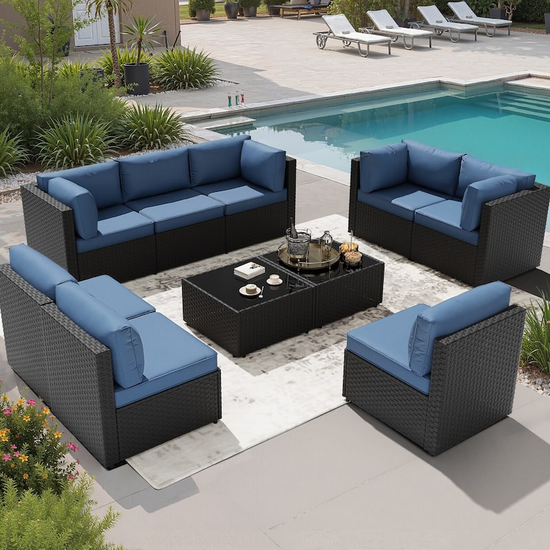 10-Piece Sectional Seating Group with Cushion, Wicker Sectional Sofa - NavyBlue/Black