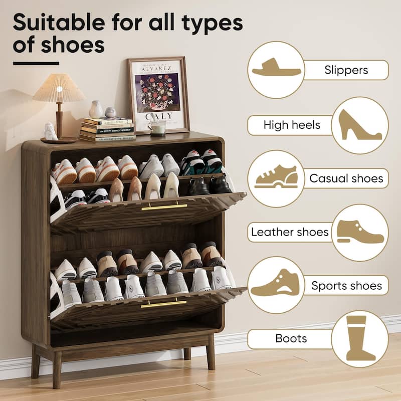 Mid-Century Modern 31.5" Walnut Shoe Cabinet – Freestanding Organizer Equipped With 2 Flip-Top Drawers.