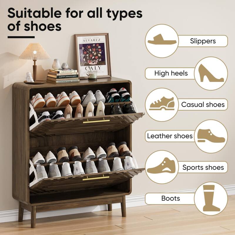 Shoe Cabinet with Geometric Carved Panel, Freestanding Storage Organizer, Shoe Rack with 2 Flip-Top Drawers & Adjustable Shelf