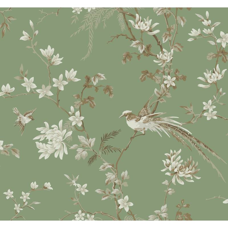 Schusterman, Bird And Blossom Chinoserie Wallpaper, 27 in x 27 ft = 60.75 sq ft, Wallpaper Roll - Green