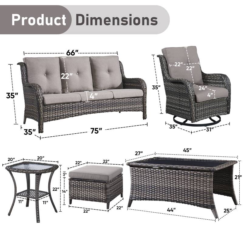 Pocassy Outdoor 7PCS 3-Seat Sofa Swivel Chairs Table Ottoman