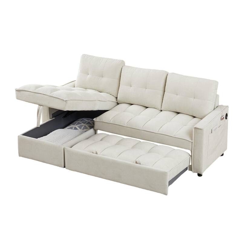 78.75" Reclining Sofa Bed, L-Shaped Sectional with Storage, USB & Tape-C Ports, Organizer Pocket, Beige Chenille