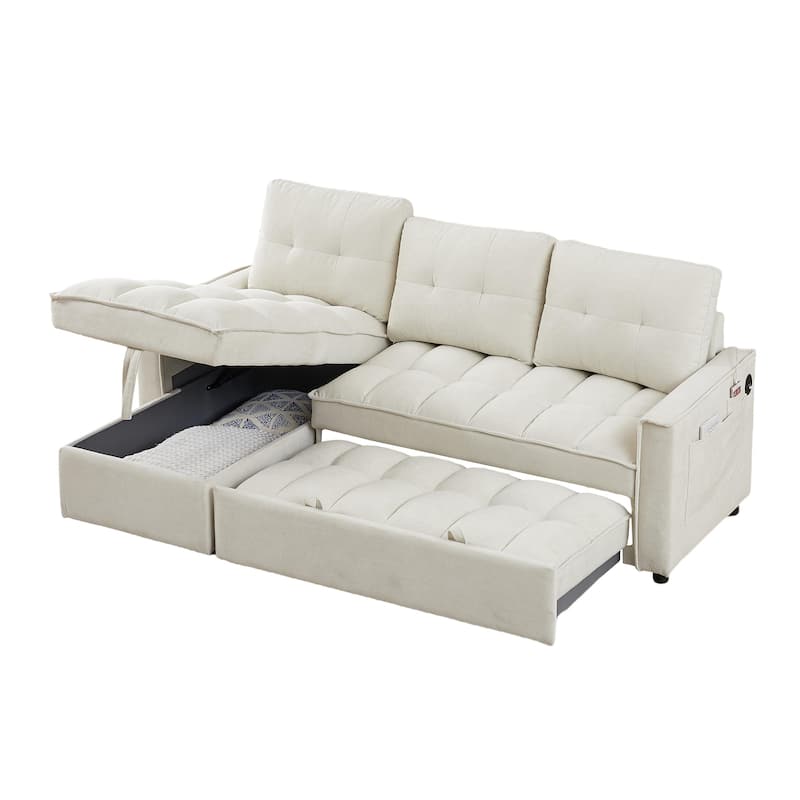 Modern Chenille L-Shaped Convertible Sofa Bed with Storage, USB and Type-C Charging Ports for Living Room