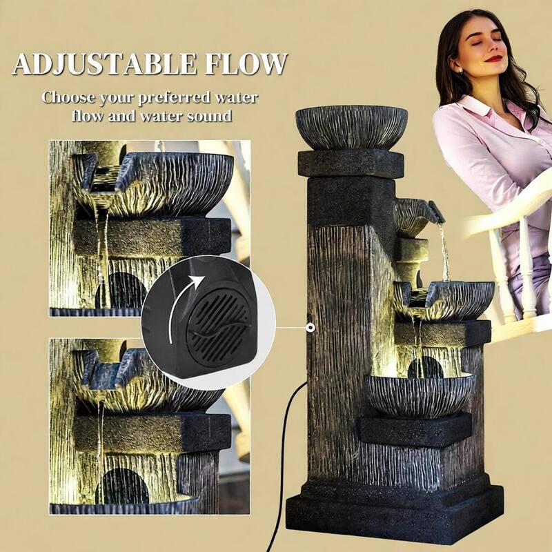 4-Tier Resin Cascading Bowls Outdoor Waterfall Fountain,Water Fountain,with LED Lights, Pump