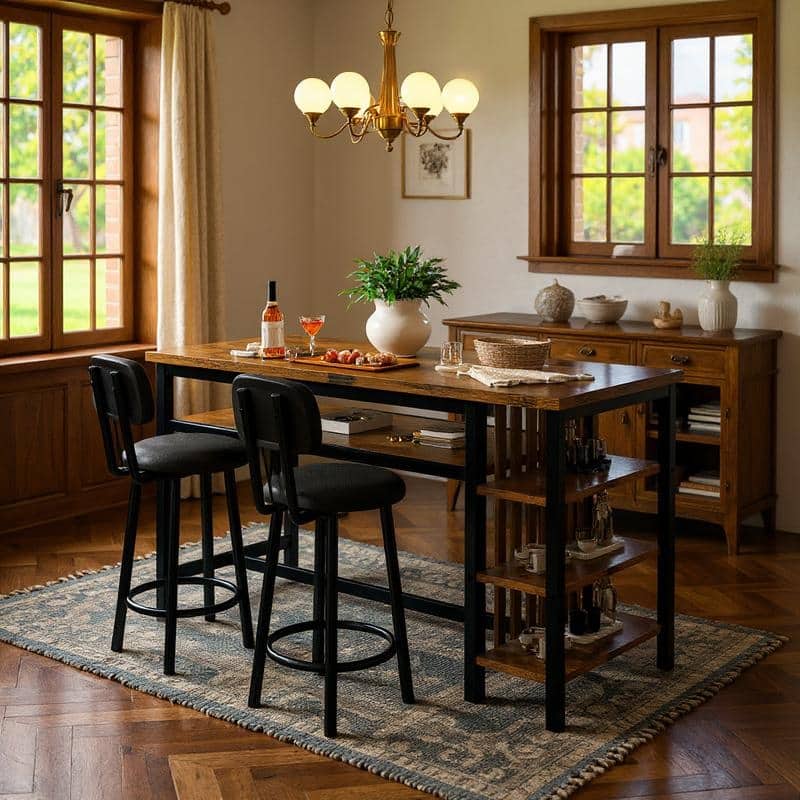 3-Piece Dining Room Table Set with 2 Upholstered Bar Stools, Modern Farmhouse Bar Table Set for 2 with Multiple Tier Shelves - Rustic Brown/Black/Dark Brown PU