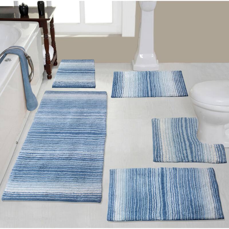Gradiation Rug Collection 100% Cotton Non-Slip Bathroom Rug Set, Machine Washable Bath Rug, 5 Piece Bath Mat Set with Contour - Blue