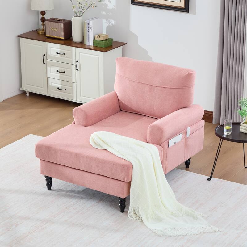 Chenille Fabric Chaise Lounge Arm Chair, Single Sofa Chair Sleeper Recliner - Pink