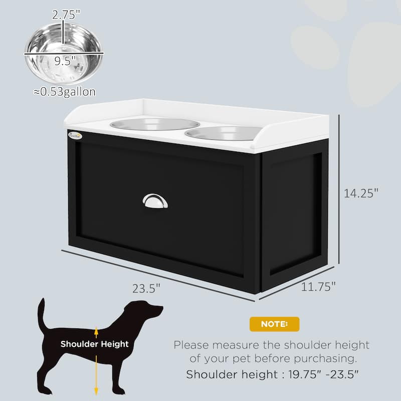 PawHut Dog Feeding Station with Storage Drawer, Removable Elevated Dog Bowls for Large Sized Dogs, White and Black