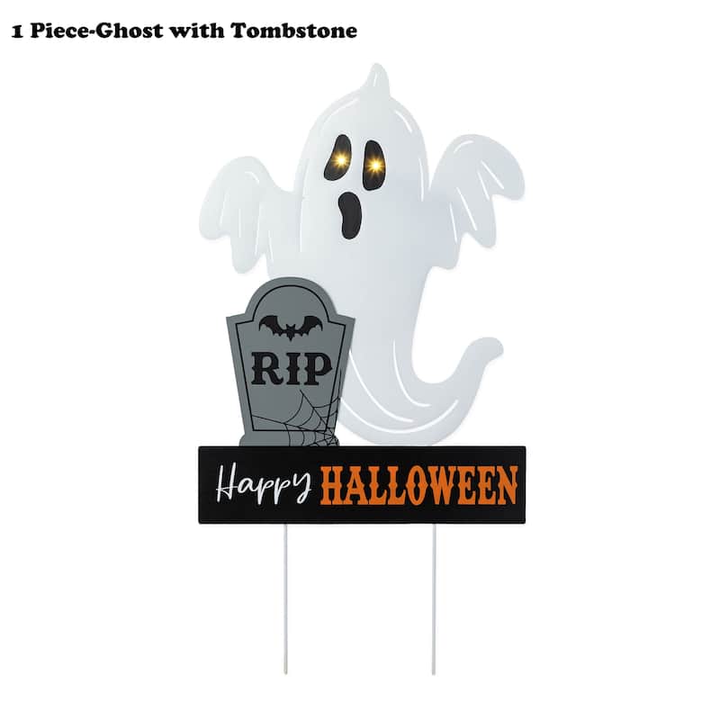 Glitzhome 32"H Halloween Metal Ghost Yard Stake with LED Lights Holiday Wall Decor - White